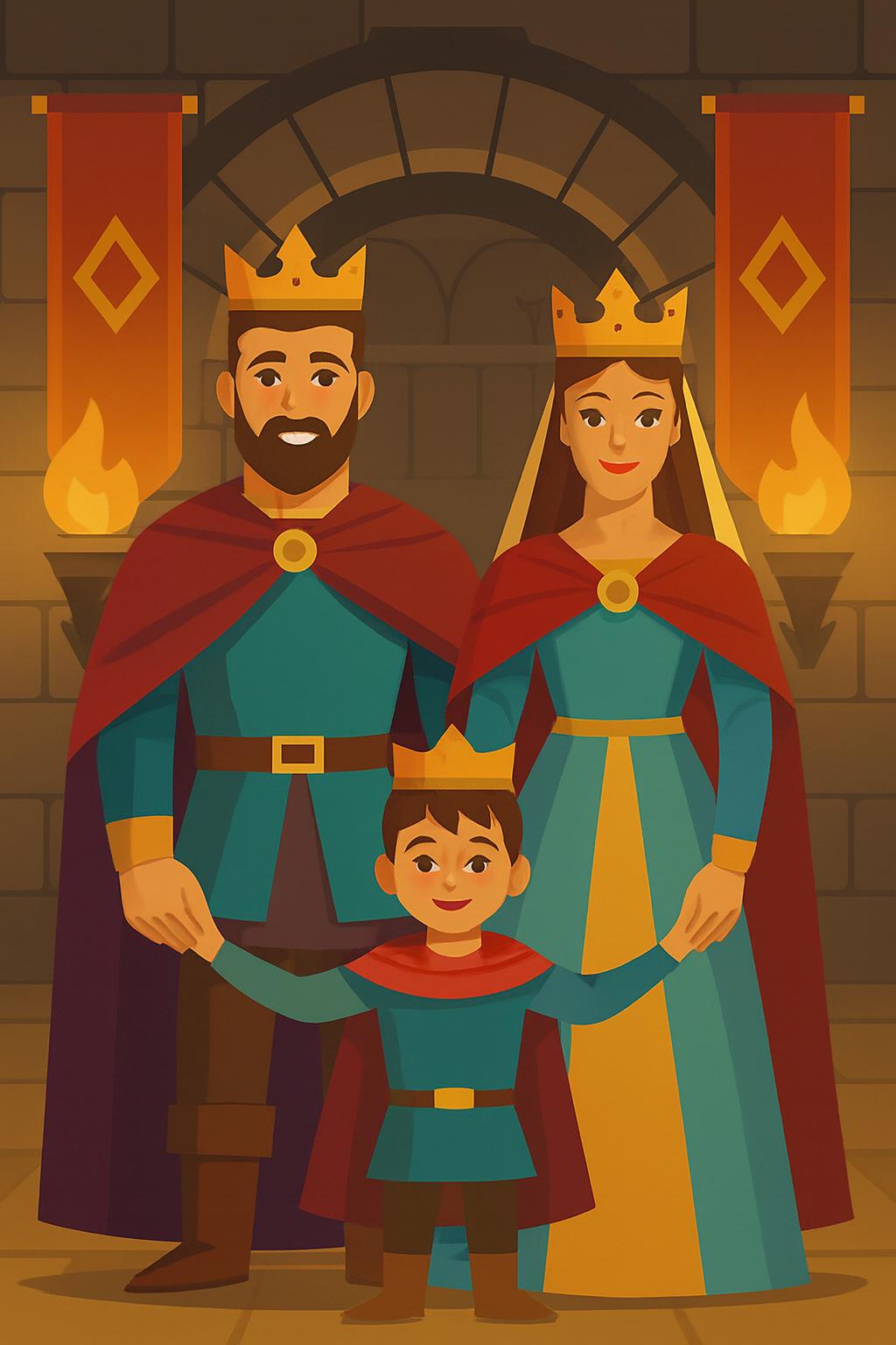 King, Queen, and Prince with crowns; teal outfits and red capes.