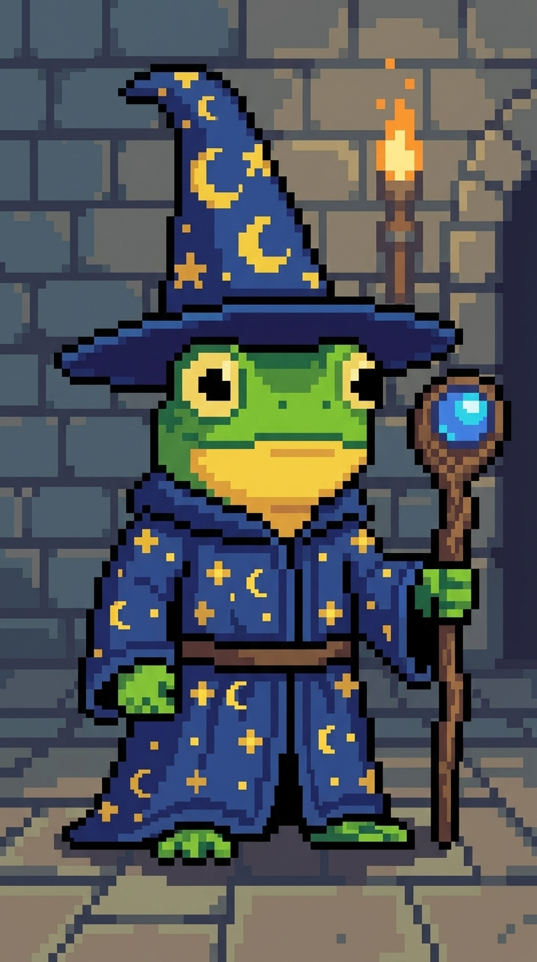Frog wizard in starry blue robe and hat, holding a staff with blue orb.
