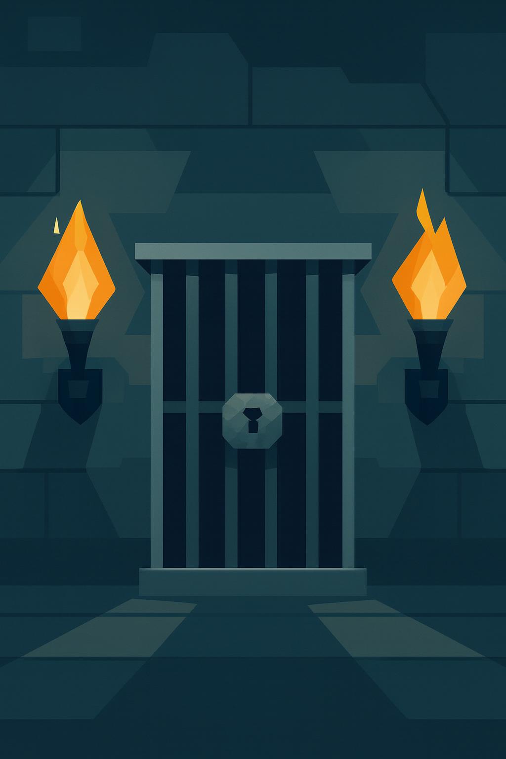 Metal barred gate with padlock, flanked by two torches.