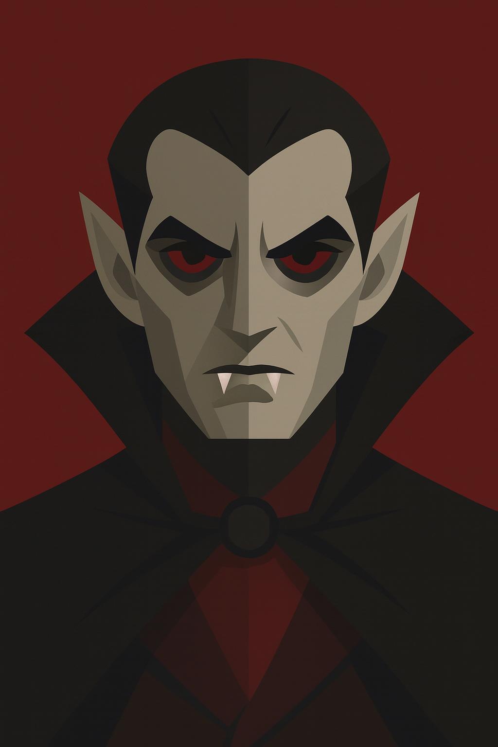 Vampire portrait; Dracula-like figure with pale gray skin, red eyes, fangs, black cape.