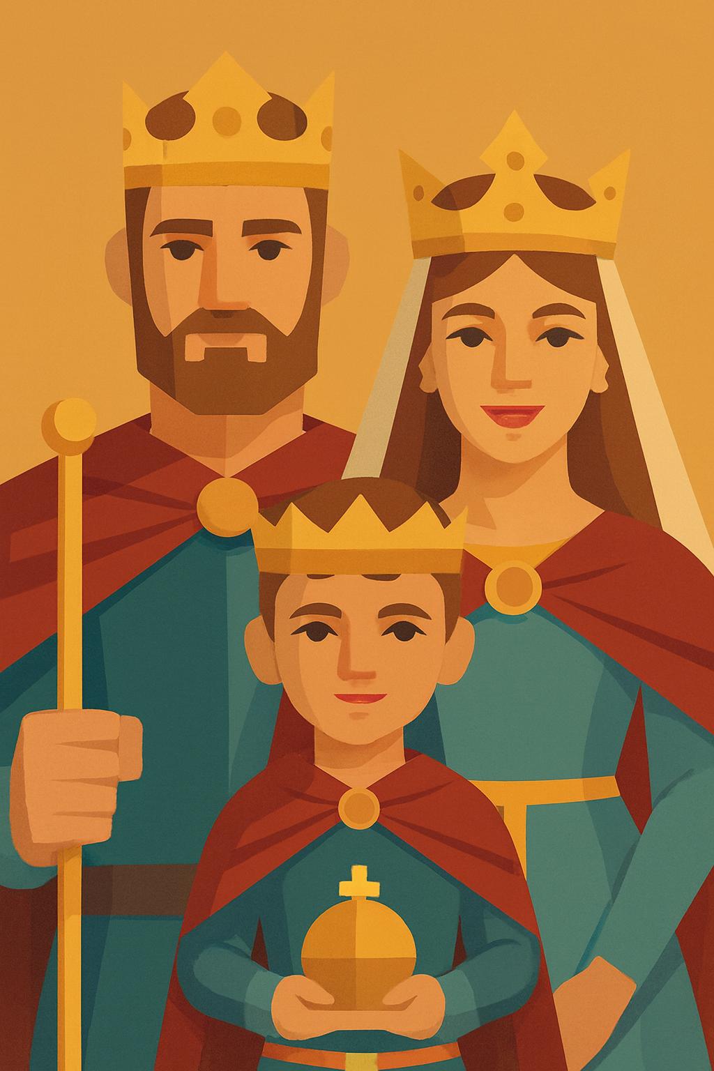 King with crown and scepter; Queen with crown; Prince holds golden orb.