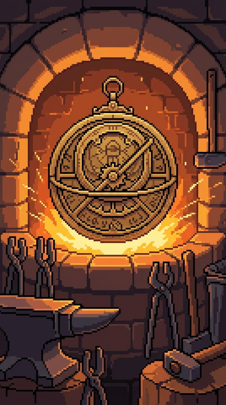 Clockwork circular device; anvil and forge tools nearby.