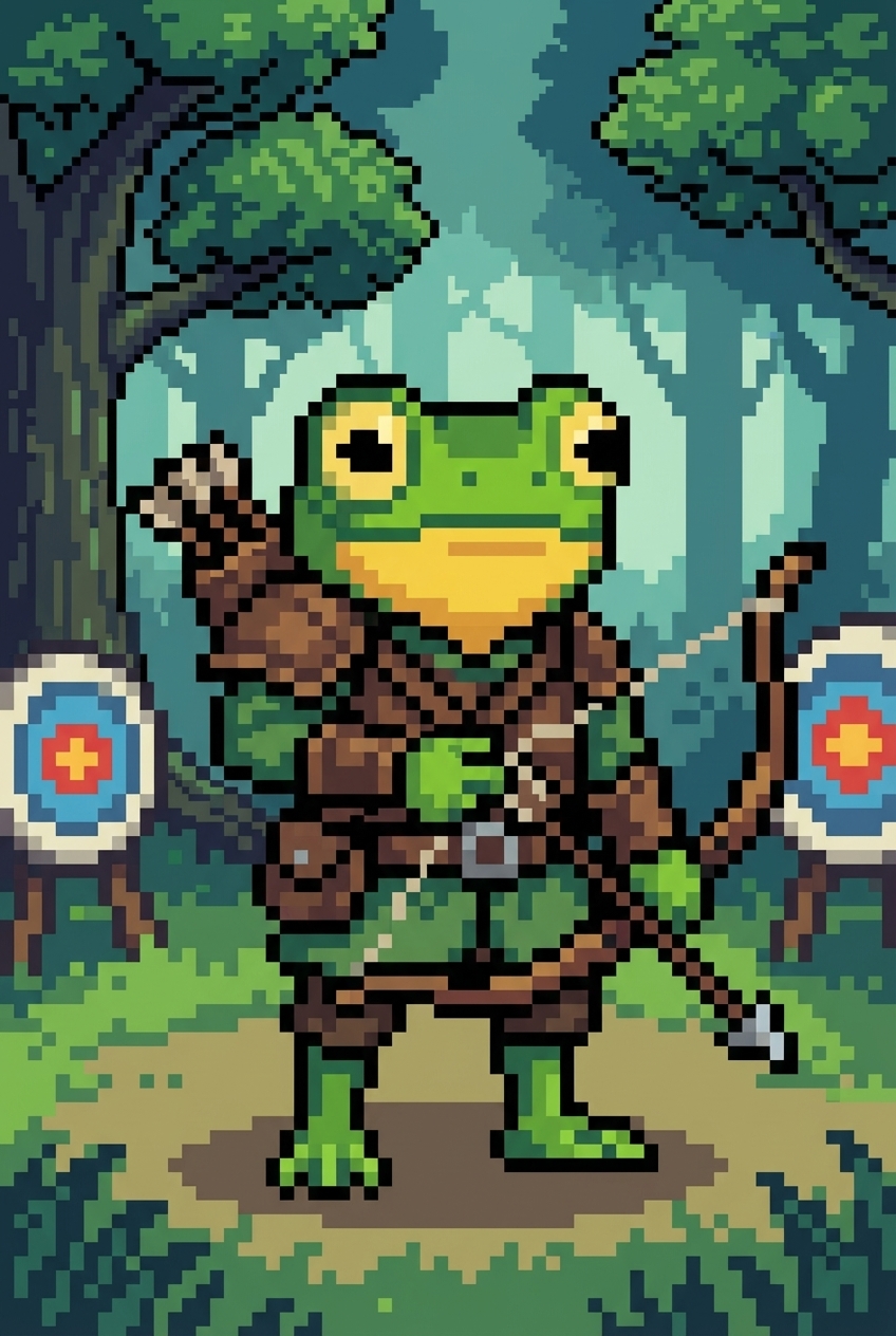 Green frog warrior in brown armor with spear; round shields nearby.