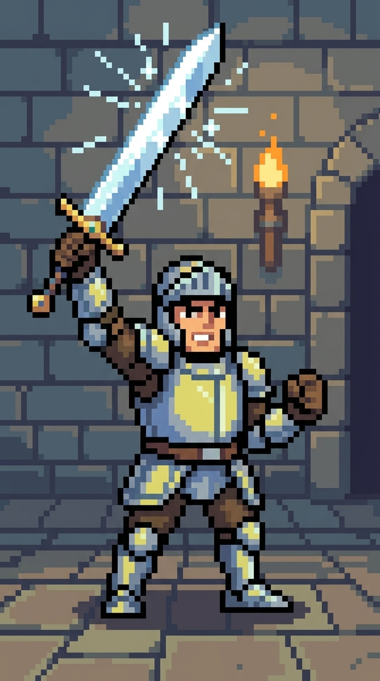 Armored knight raising a glowing blue sword.
