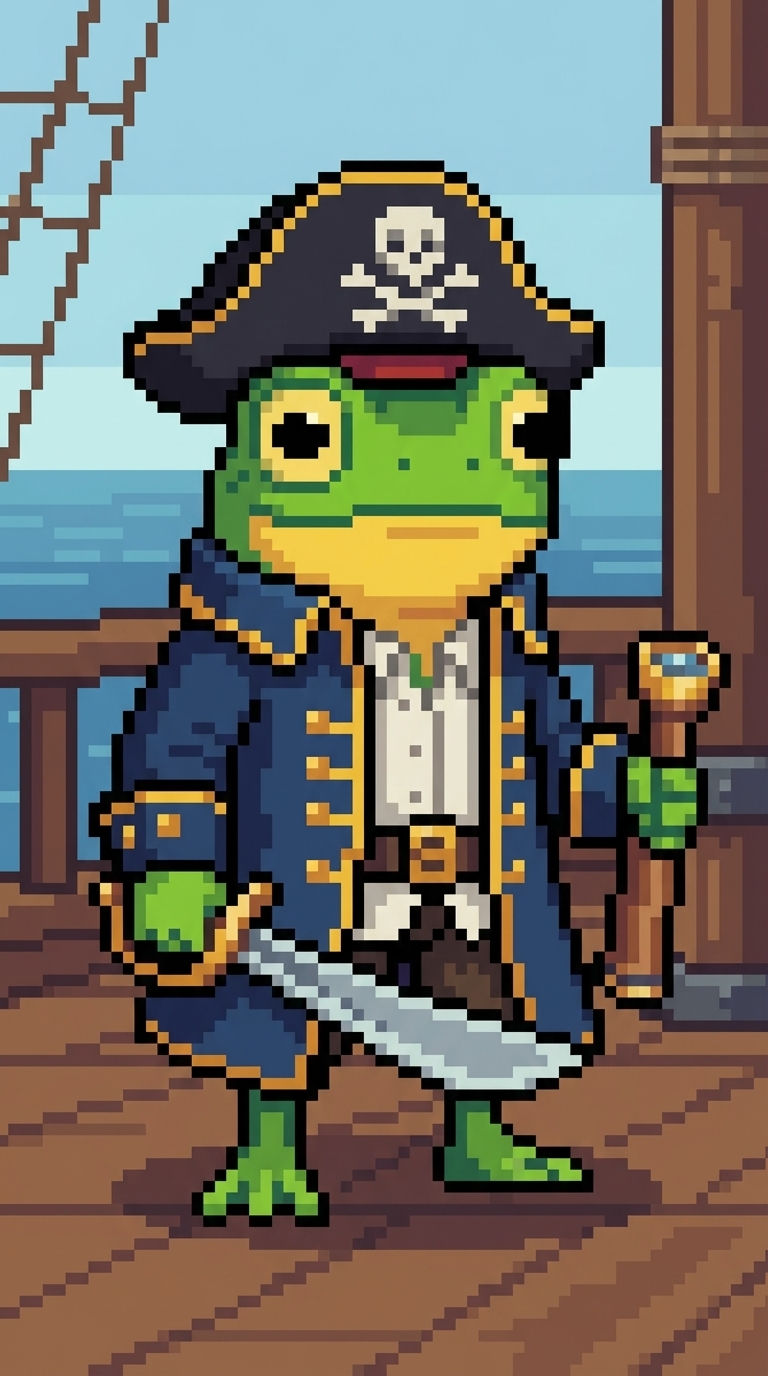 Green frog pirate in blue coat with skull hat, holding sword and mug.