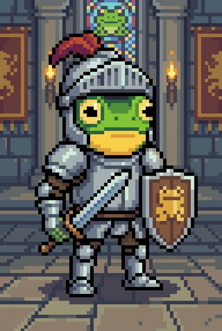Frog knight in armor with sword and shield bearing a yellow lion emblem.