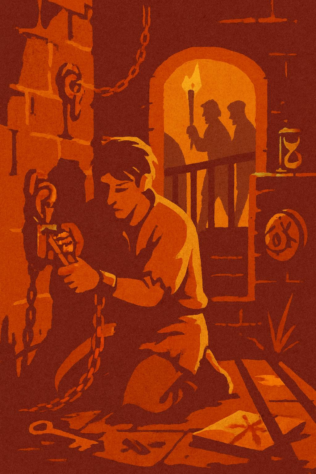 Prisoner kneeling in chains; two guards silhouetted in arch window; key on floor; lantern.