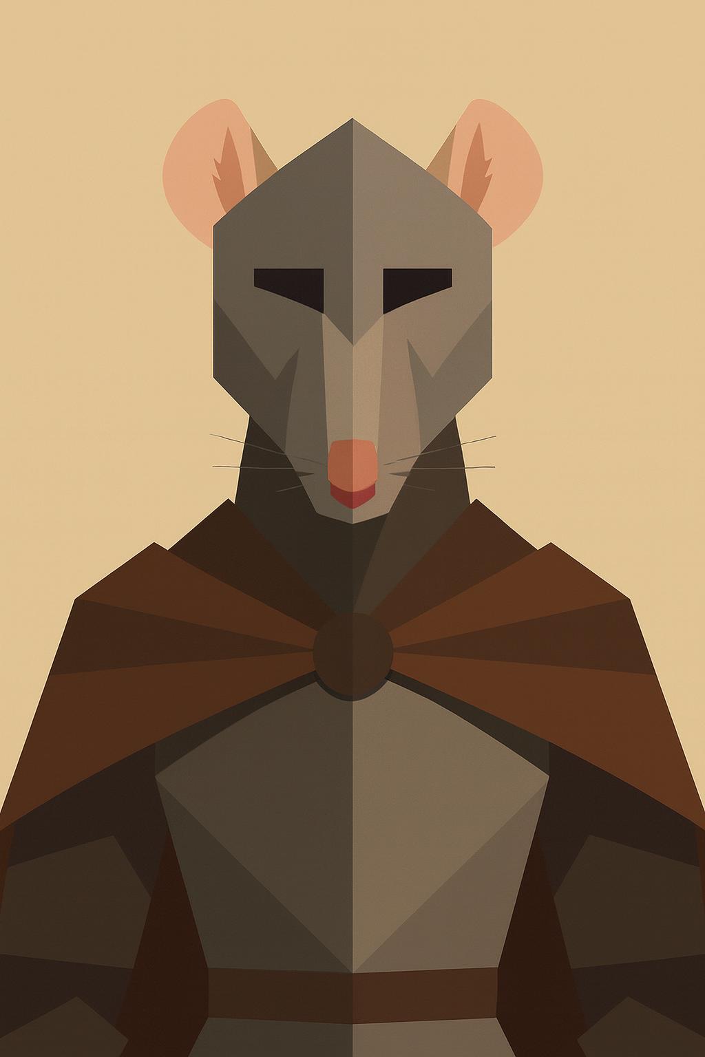 Rat knight in gray armor with brown cape; pink ears.