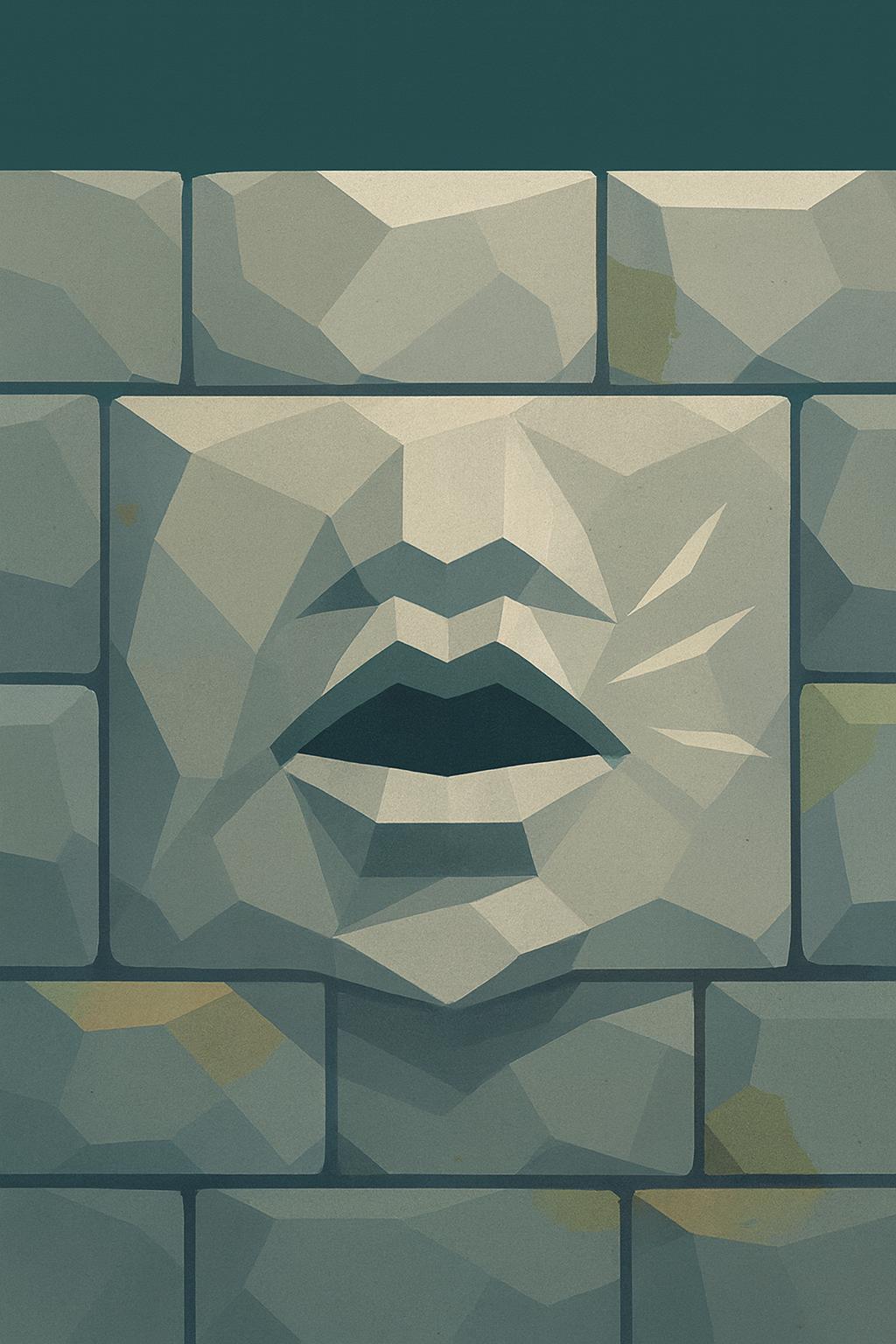 Stone wall blocks; central tile shows a face with a mustache.