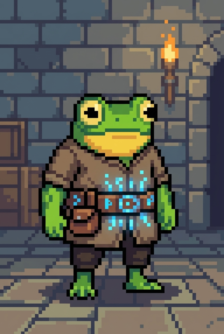 Green frog adventurer in brown tunic with belt and pouch; glowing blue runes.