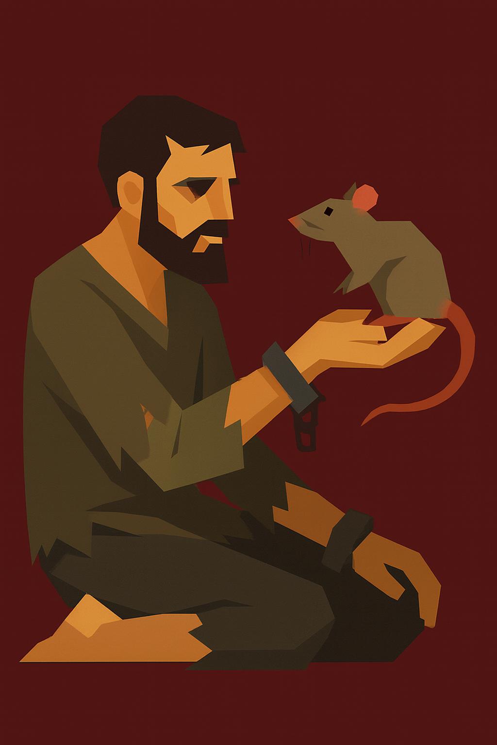 Bearded man kneeling, holding a rat on his hand; wrists shackled.