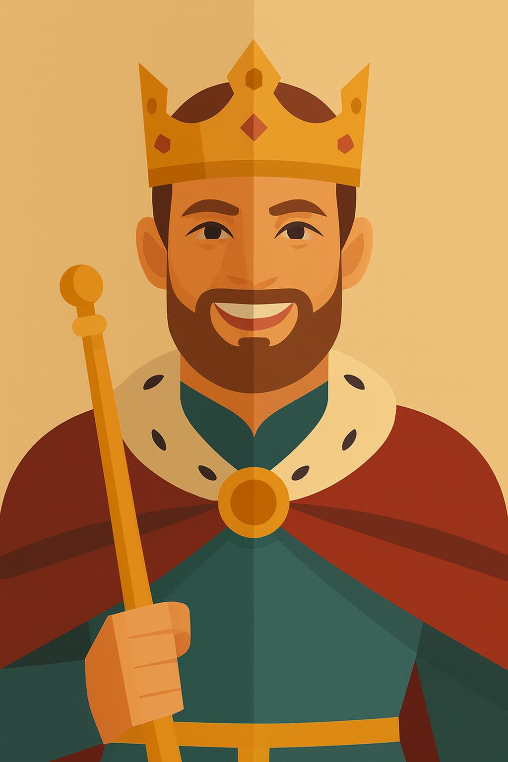 Cartoon king with crown and scepter; teal tunic, red cape, beard.