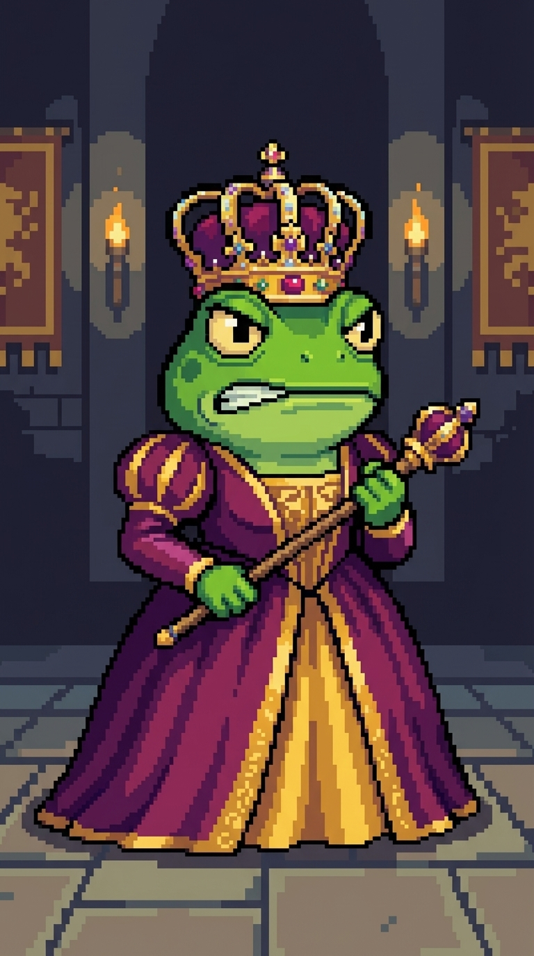 Frog king in purple-gold royal robe, crowned, holding a scepter.