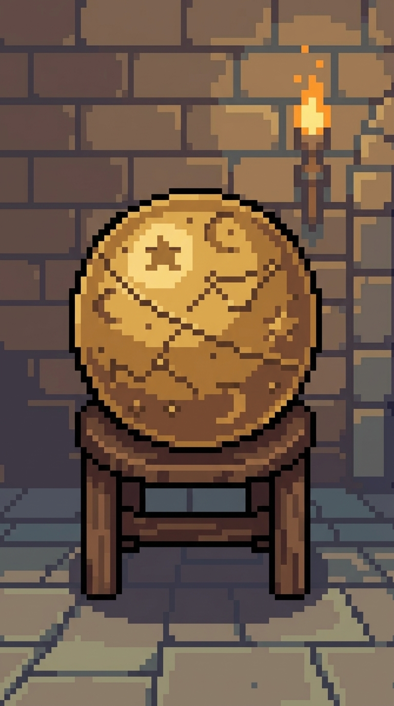Cratered pixel moon with a face on a wooden stool.