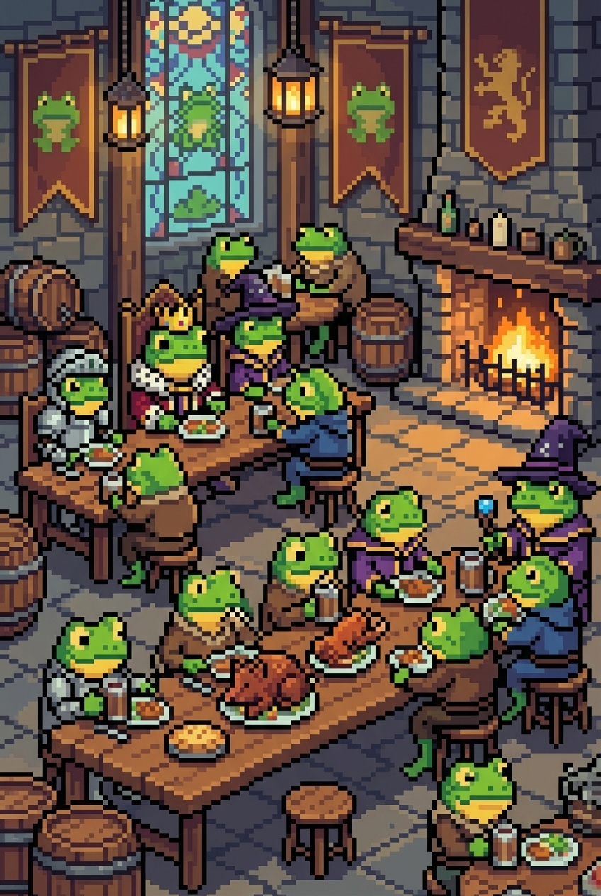 Frog diners in a medieval tavern; armored and wizard frogs; long table with food; banners.