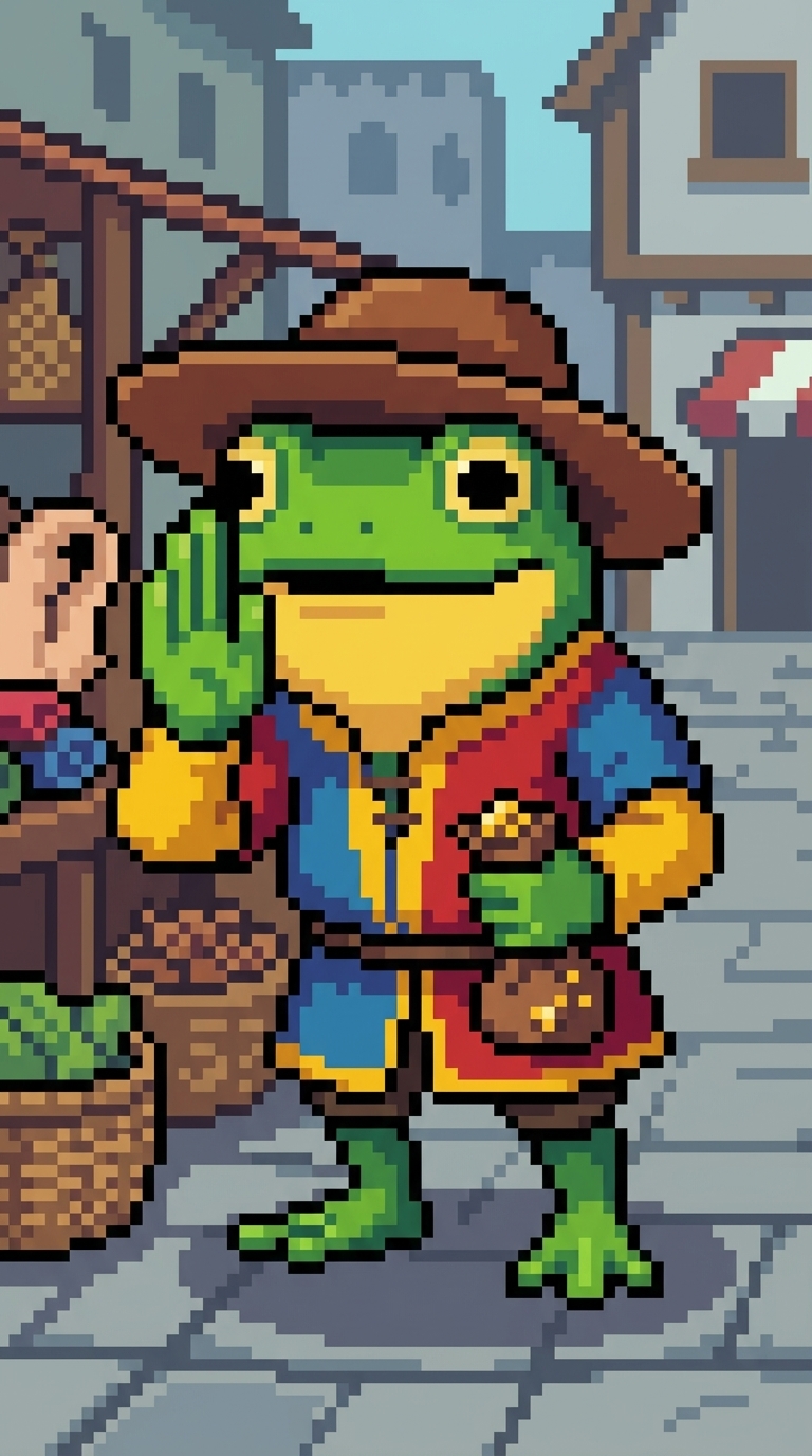 Green frog wearing brown hat and multicolored vest, with small satchel