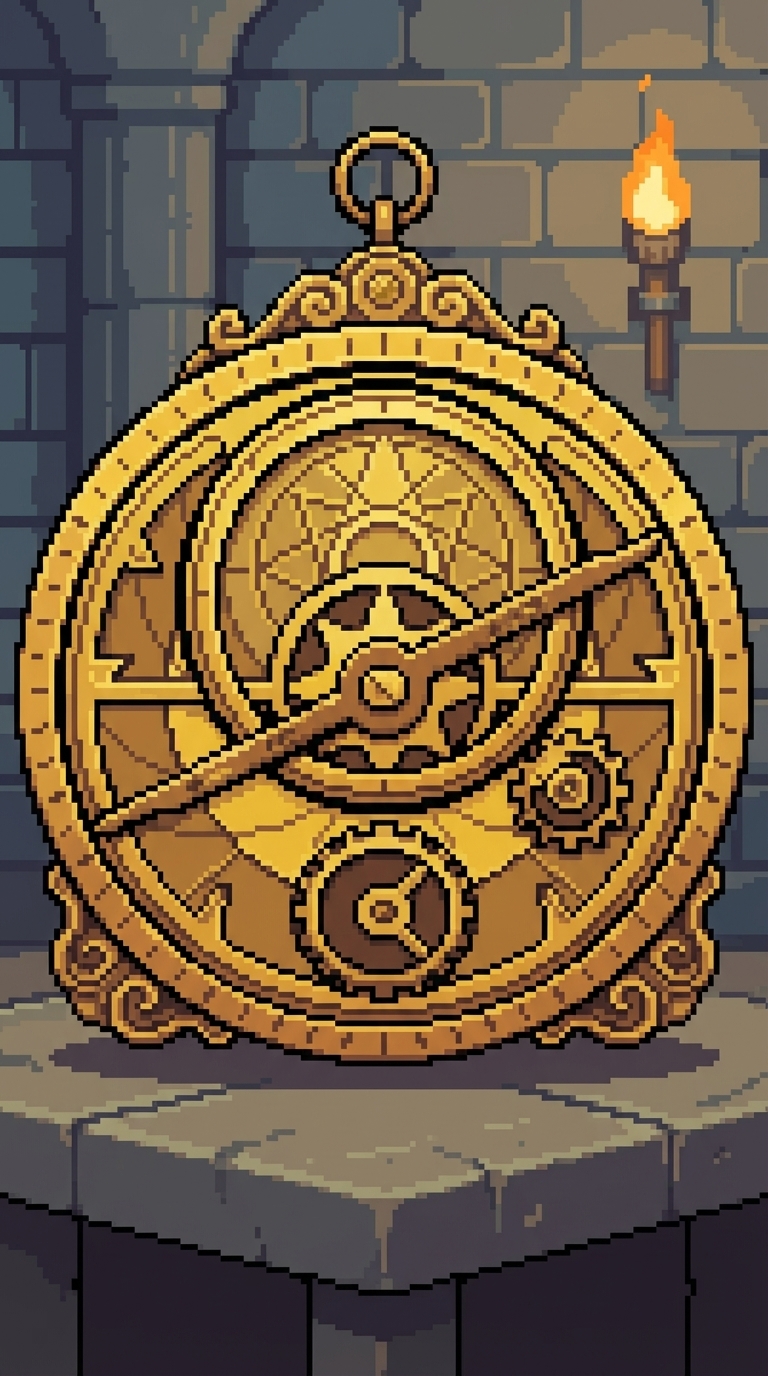 Golden ornate circular clockwork device with gears.