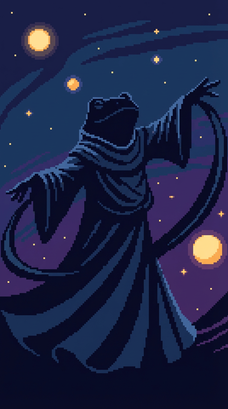 Dragon-like hooded figure in robes with outstretched arms.
