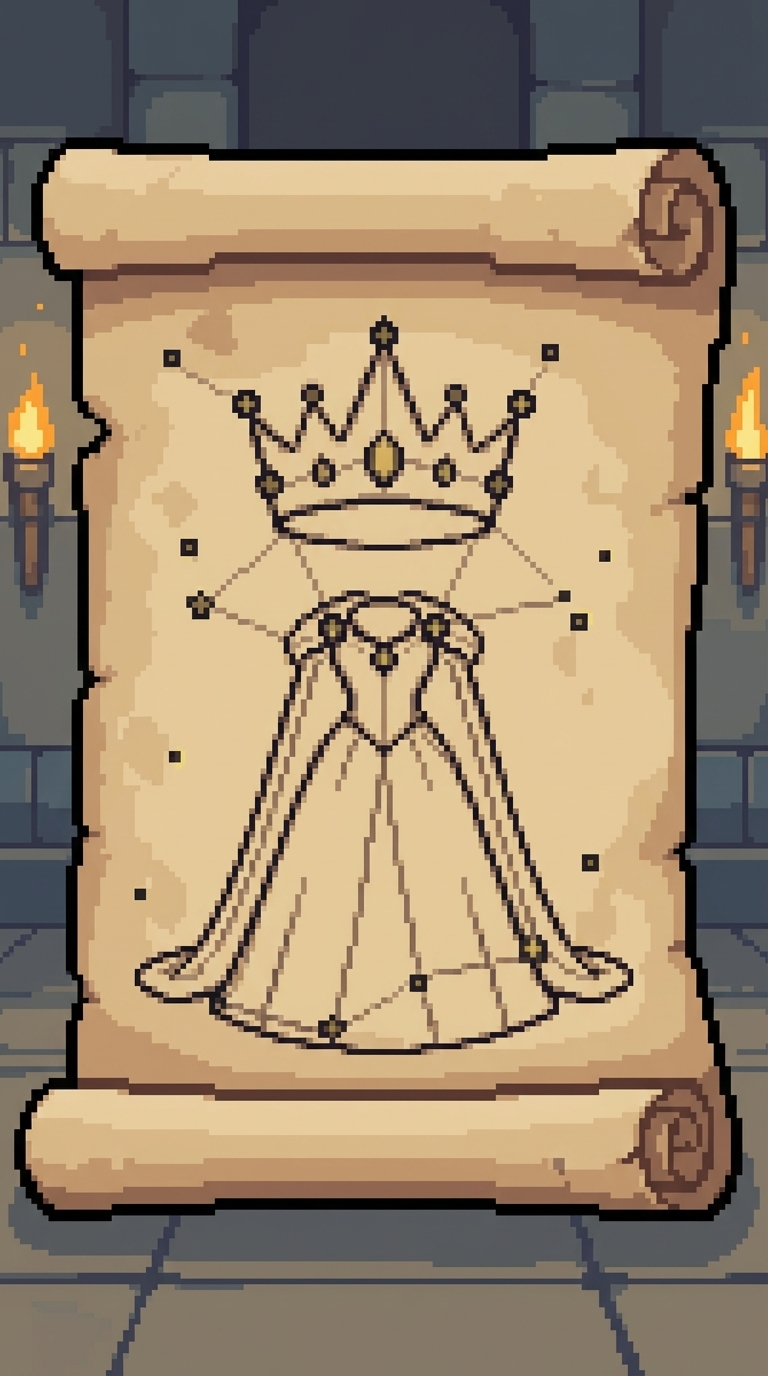 Scroll with crown and royal gown.