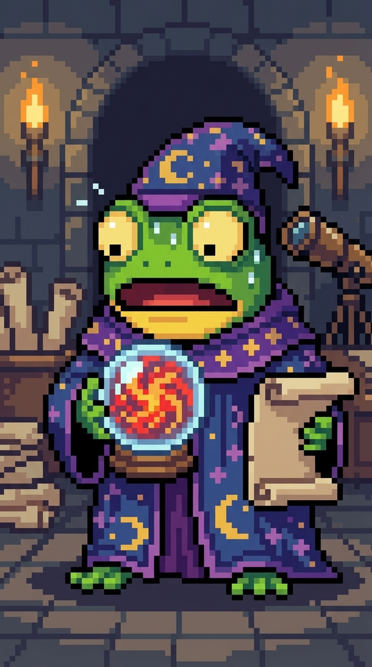 Green frog wizard in purple moon-pattern robe, holding a fiery orb and a scroll