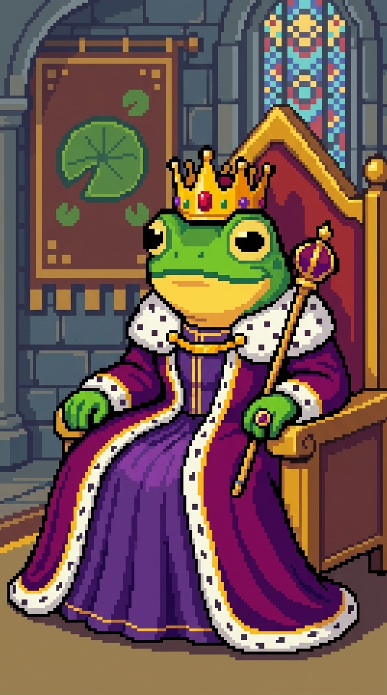 Frog king on throne, wearing crown, purple robe, holding scepter.