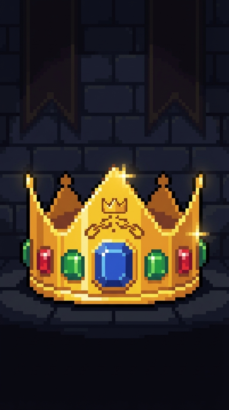 Gold crown with large blue center gem and red and green side gems.