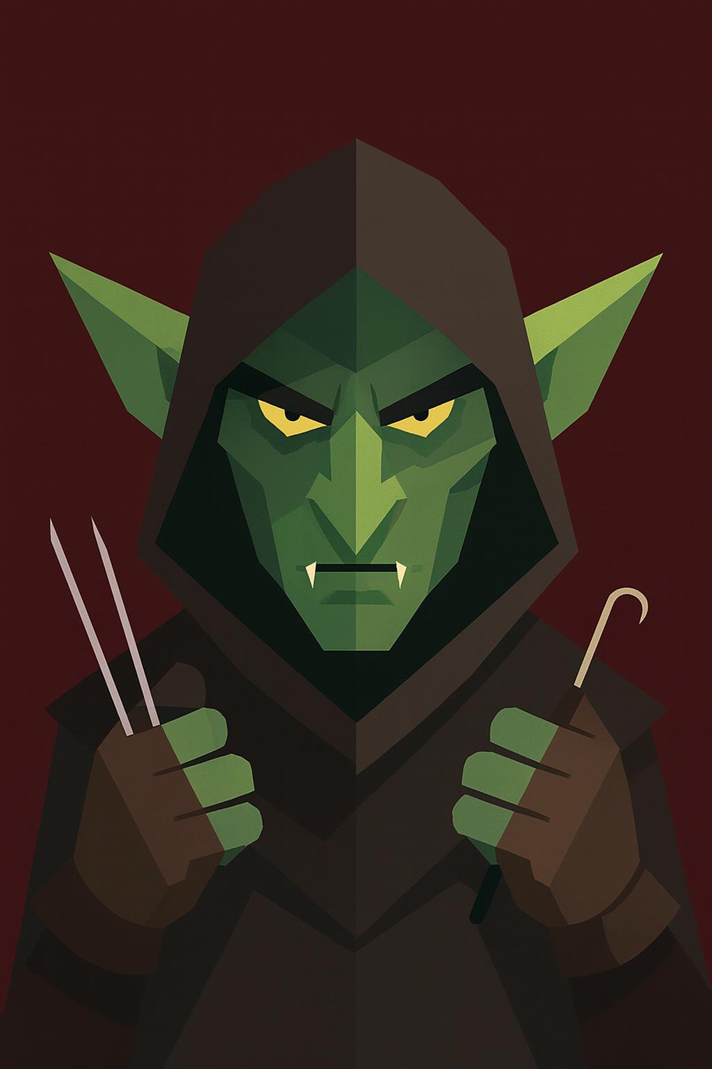 Orc goblin warrior, hooded; green skin, yellow eyes, fangs, holding knives and a hook.