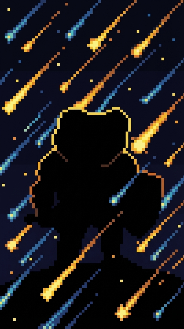 Two silhouetted figures with neon yellow outlines; meteors streaking.