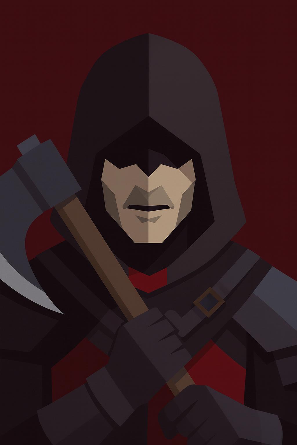 Hooded assassin with a sword strapped across chest.