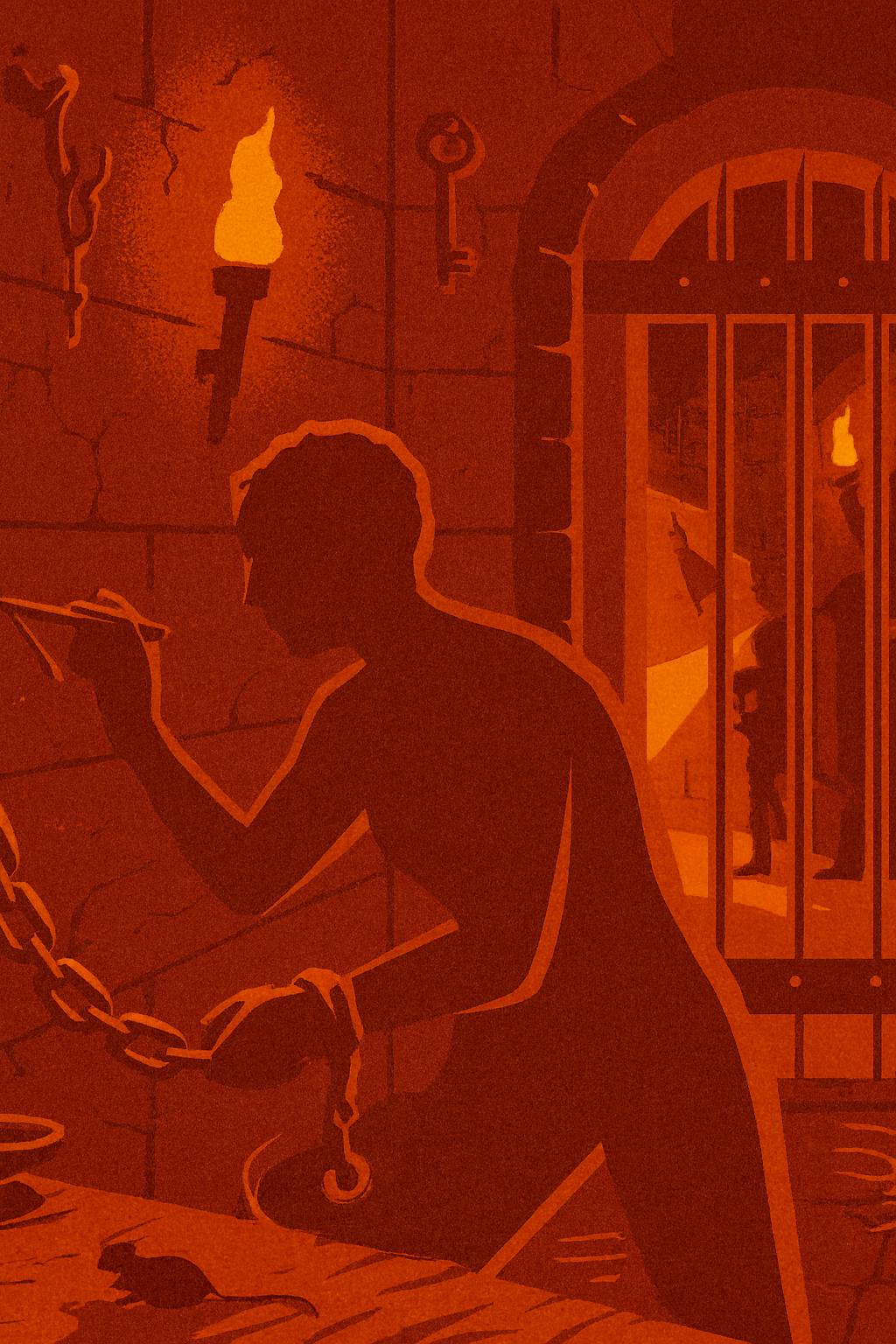 Shirtless prisoner chained to dungeon wall; torch, key, barred gate.