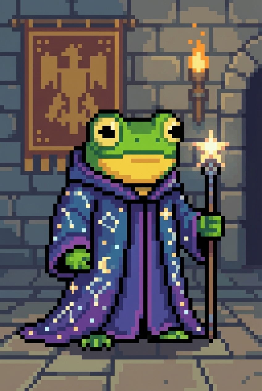 Green frog mage wearing a starry purple robe, holding a staff and lit torch.