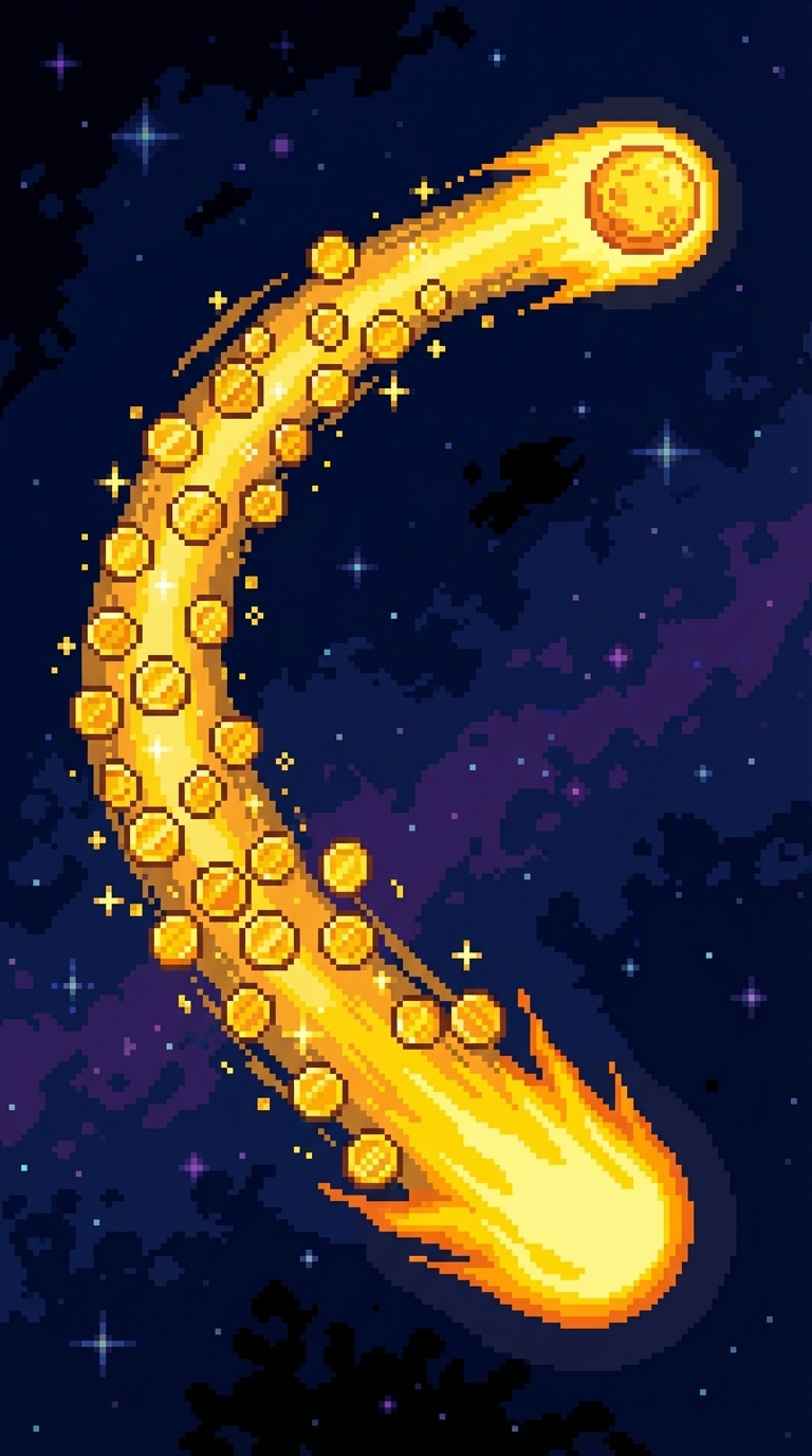 Fiery golden meteor with coin-shaped orbs along its tail.