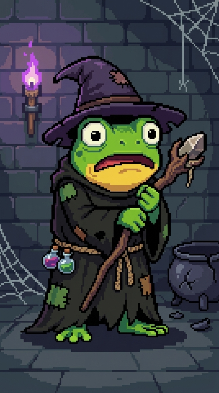 Green frog wizard in a tattered robe with purple hat, holding a staff; potion flasks.