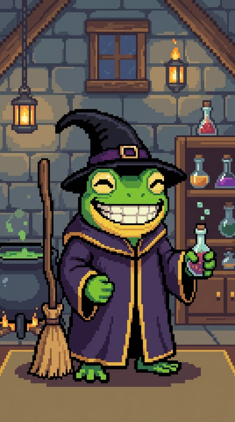 Green frog wizard in purple robe and hat; holds pink potion, broom nearby.