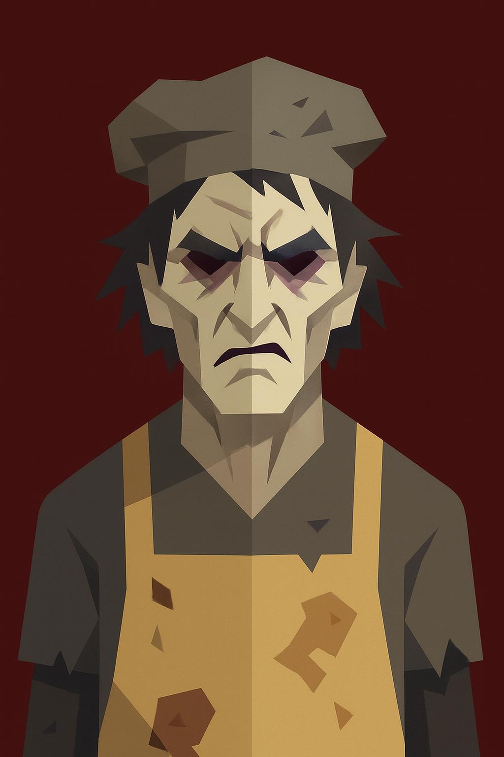 Zombie chef in yellow apron; pale gaunt face with dark hollow eyes, brown hat.