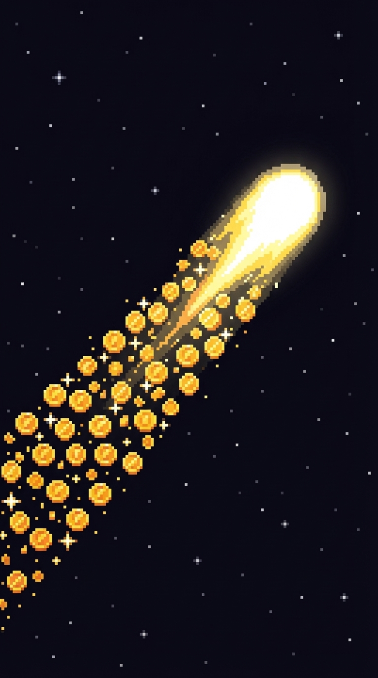 Gold coins trailing a glowing meteor.