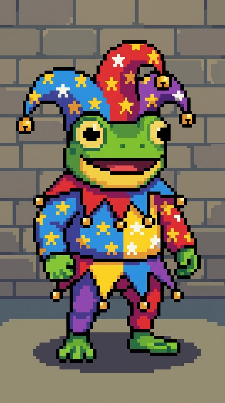 Green frog in a colorful star-patterned jester outfit and hat with bells.