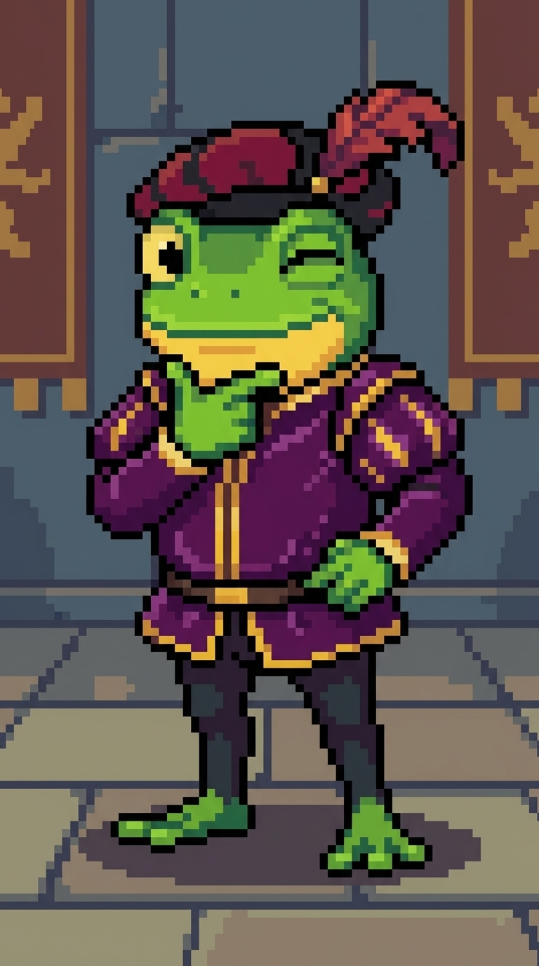 Green frog character in purple outfit with red feather hat, winking.