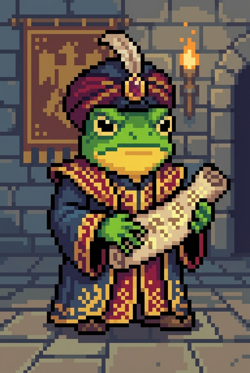 Frog mage in ornate red-gold robes and turban, holding a scroll.