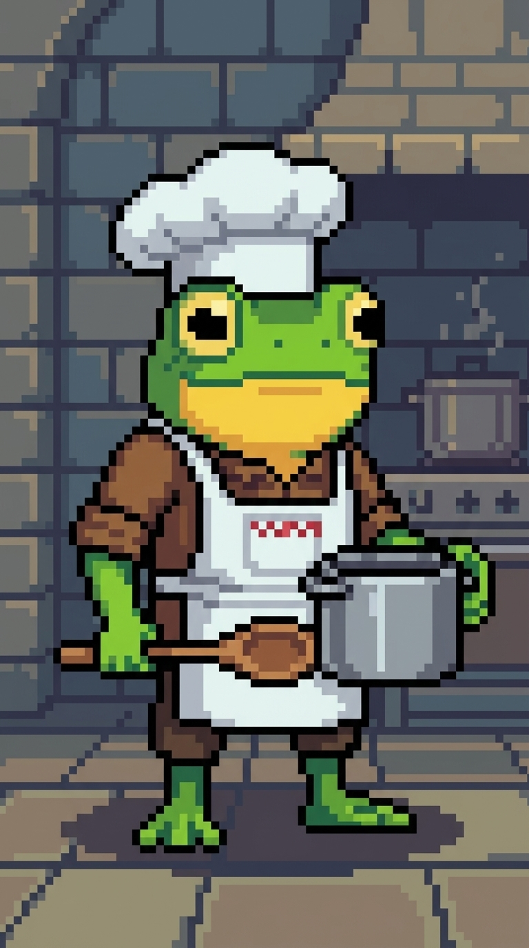 Green frog chef in white hat and apron, holding a pot and wooden spoon.