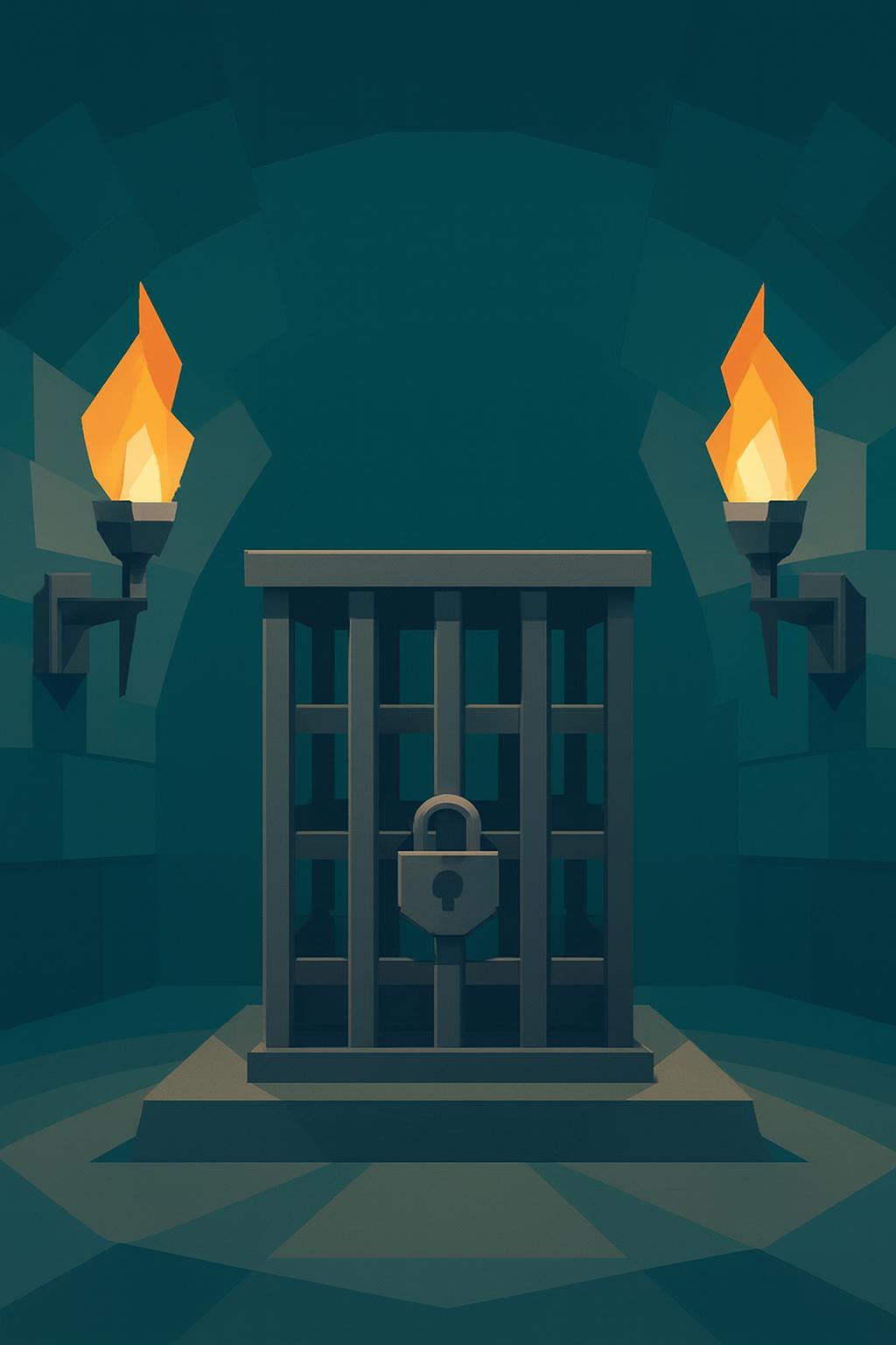 Barred gate with a padlock; two torches on each side.