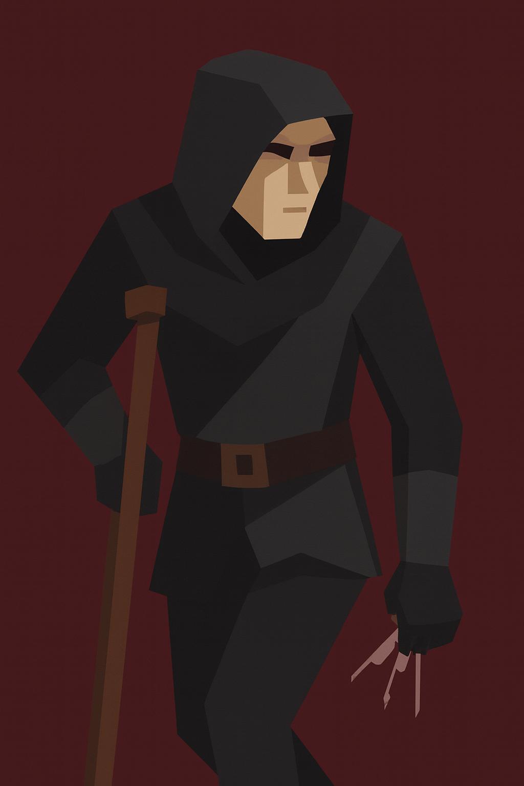 Hooded rogue/assassin with a staff and clawed hand.