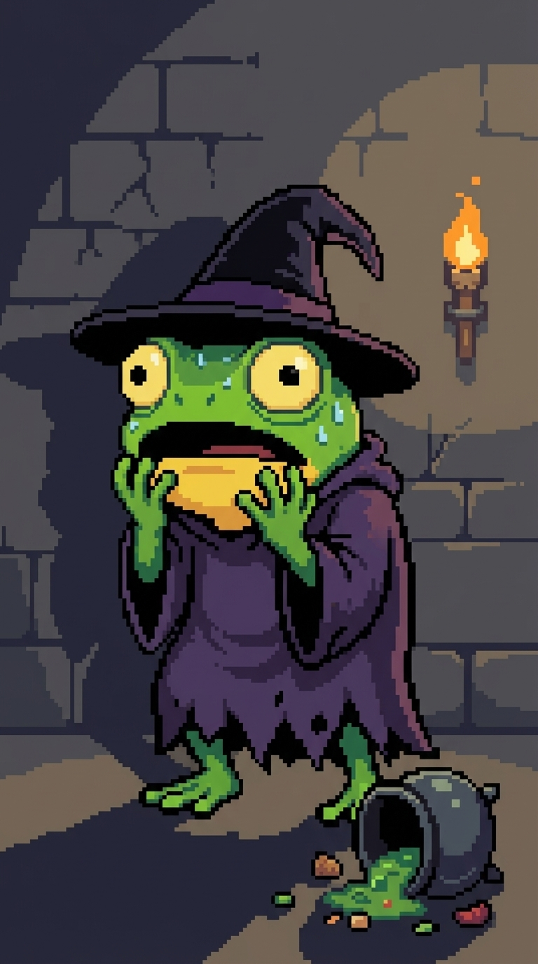 Wizard frog in purple robe; holding yellow bowl; overturned pot spills green slime.