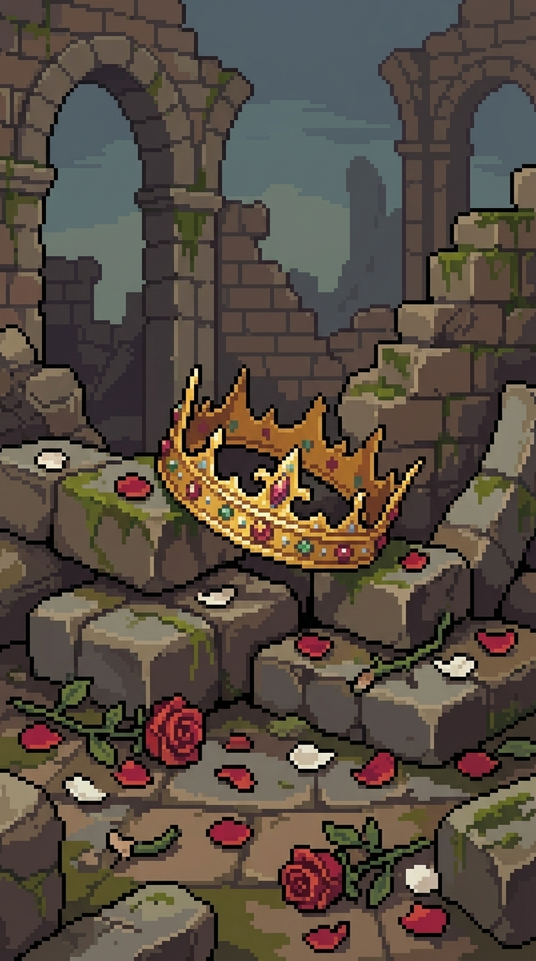 Golden jeweled crown on rubble; scattered red roses and petals.