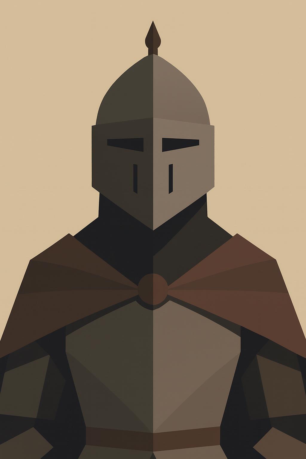 Armored knight wearing helmet with crest and brown cape.