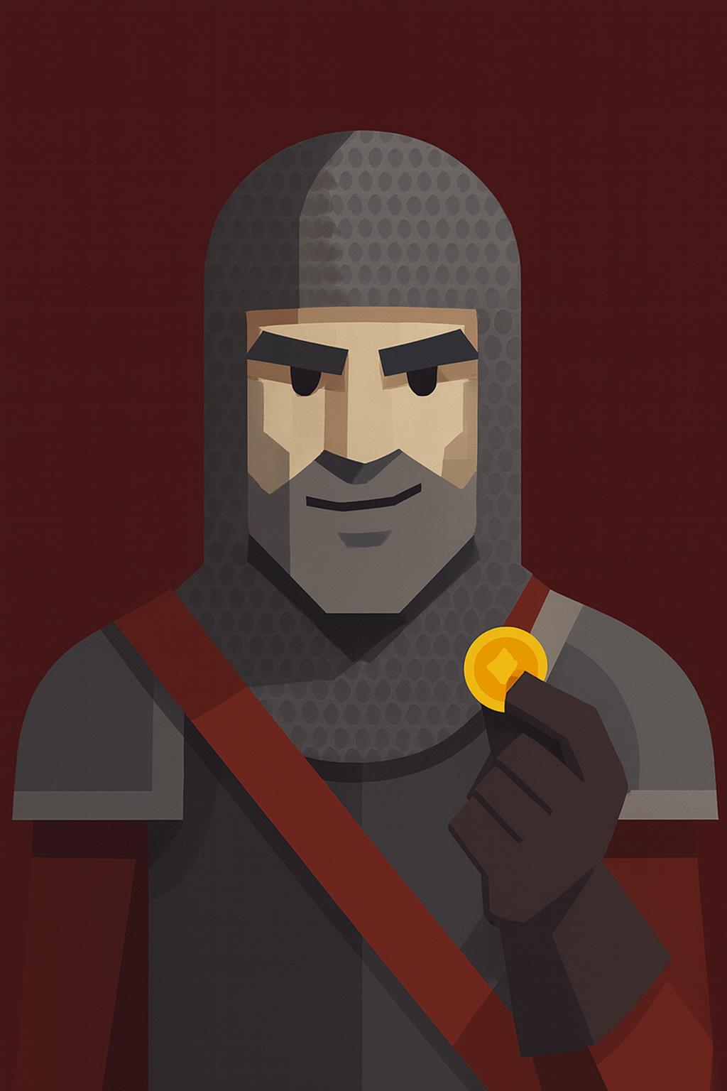 Knight in plate armor with gray beard, holding a gold coin.