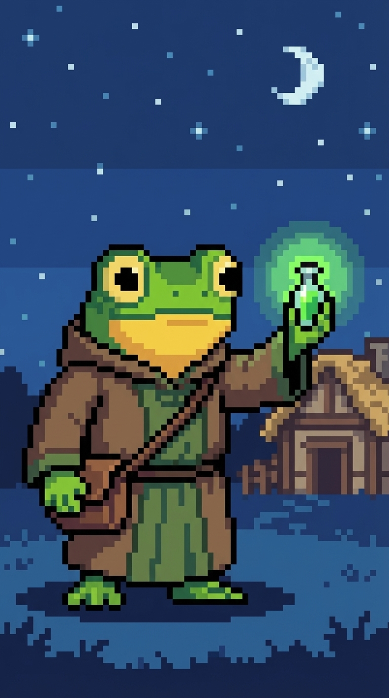 Green frog adventurer in brown robe with glowing staff.