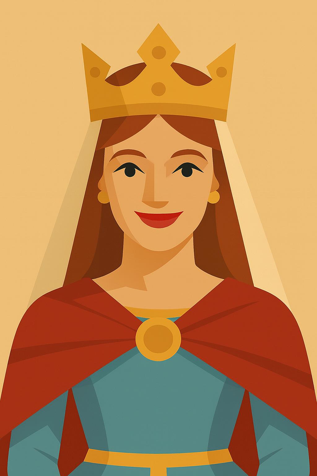 Princess with crown, veil, red cape, blue gown, gold brooch.