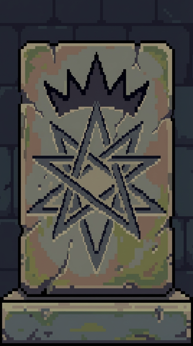 Weathered stone tombstone with crown emblem and star sigil.