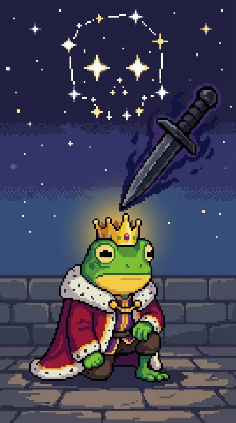 Frog king in crown and royal cape; large sword above him.